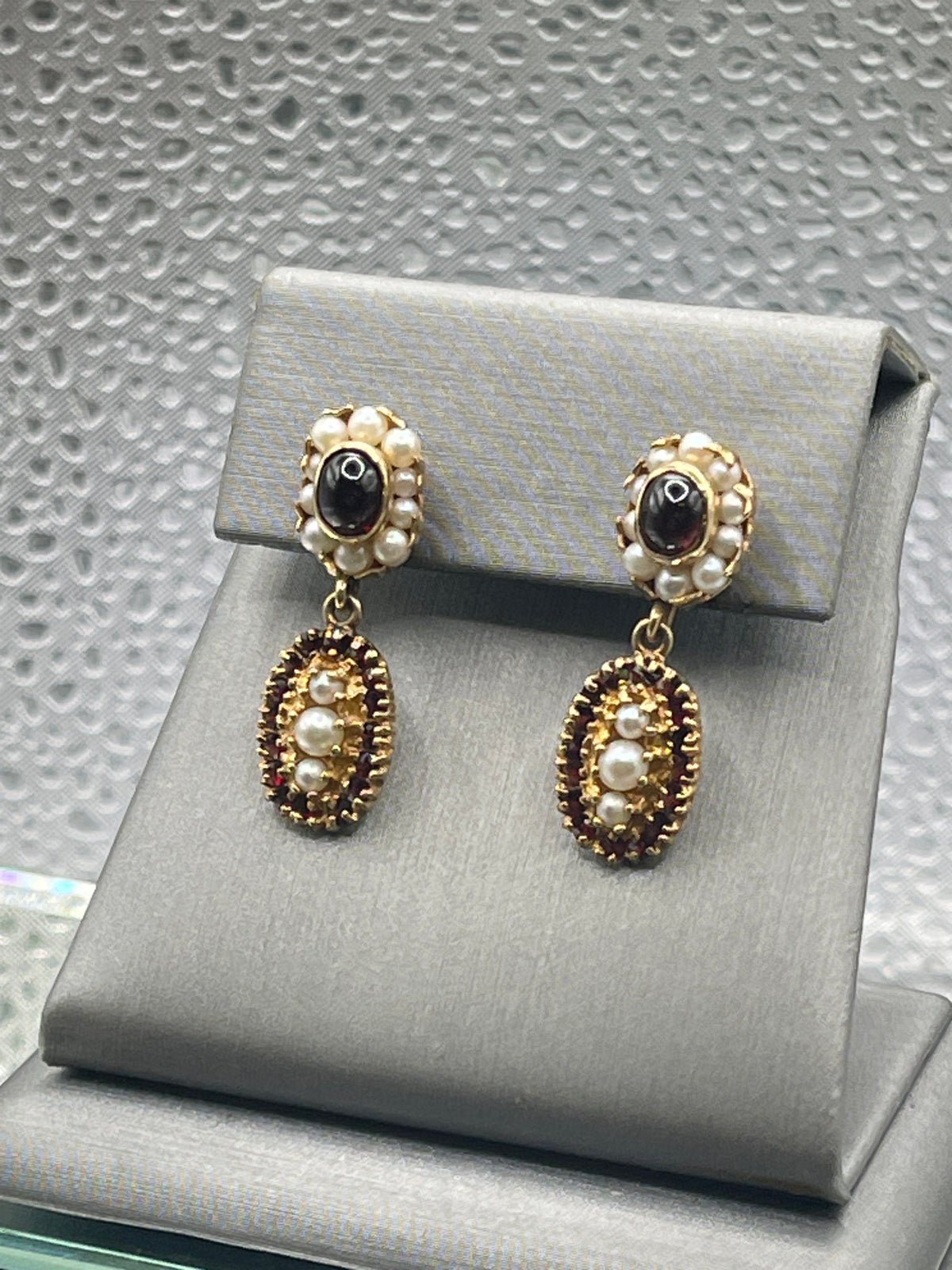 View 6 of Ladies Antique 14 Karat Solid Yellow Gold Cabochon Garnet and Pearl Earrings