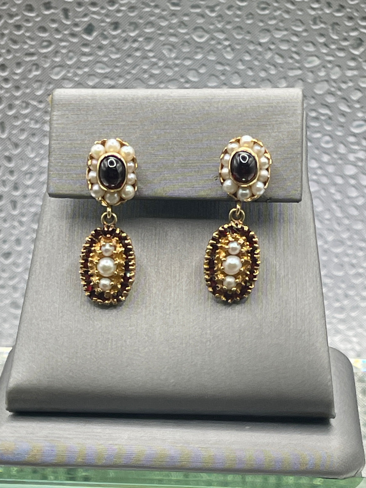 View 7 of Ladies Antique 14 Karat Solid Yellow Gold Cabochon Garnet and Pearl Earrings
