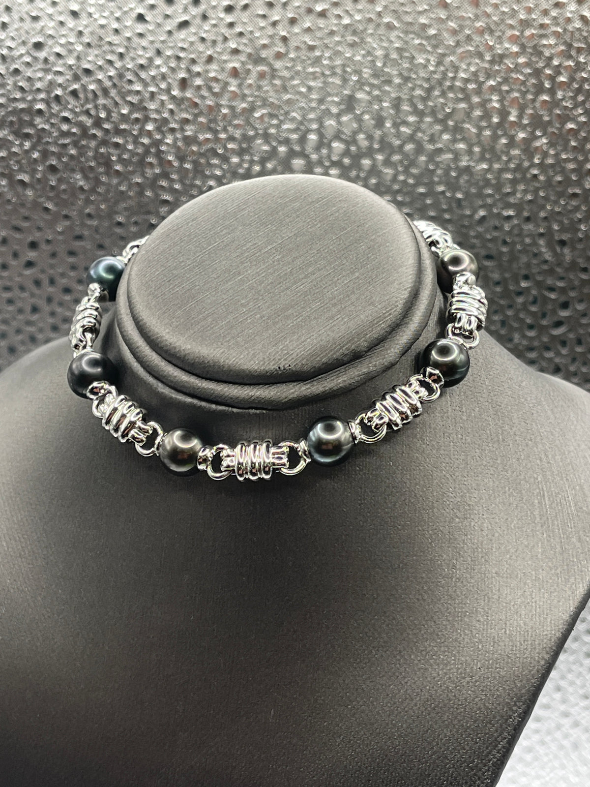 View two of Ladies 18 Karat Solid White Gold 8mm Black Pearl Link Bracelet