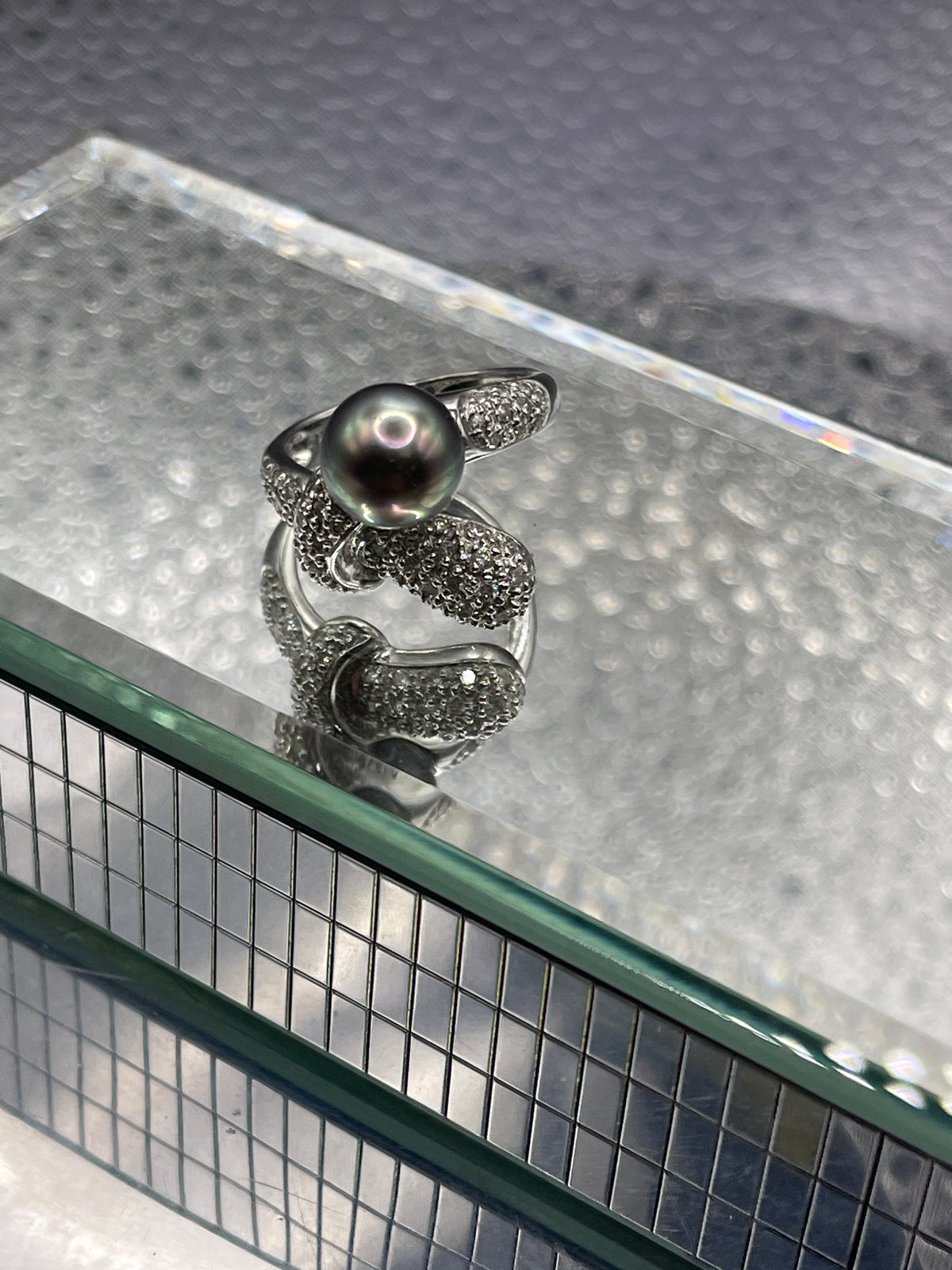 Ladies 18 Karat Solid White Gold 9 mm Black Pearl and Diamond Ring