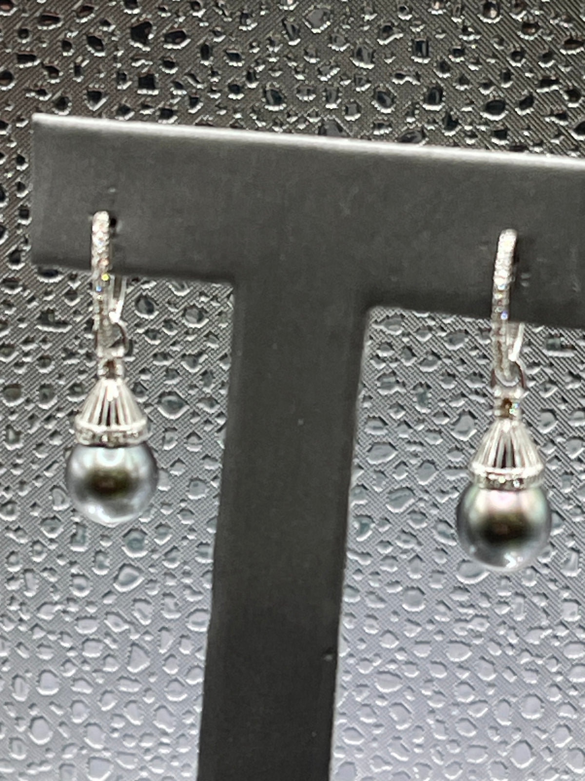Ladies 18 Karat Solid White Gold Black Pearl and Diamond Dangling Earrings