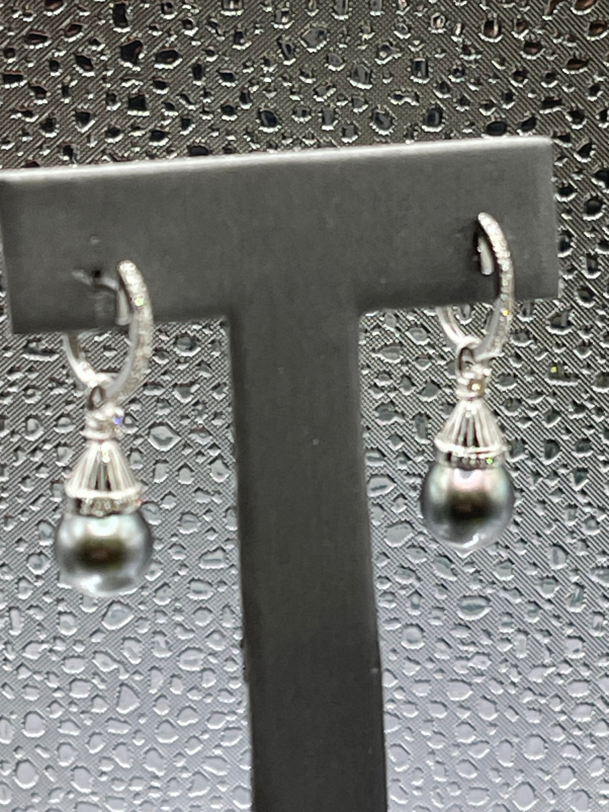 Ladies 18 Karat Solid White Gold Black Pearl and Diamond Dangling Earrings