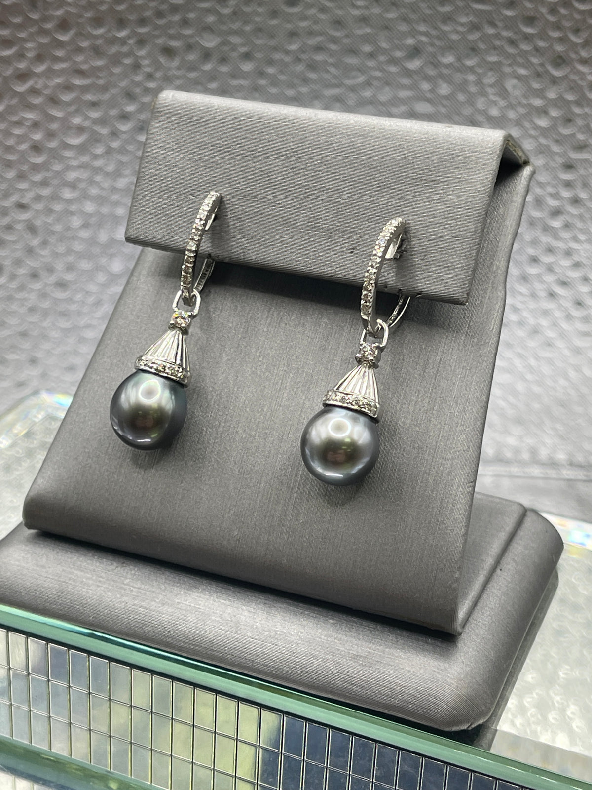 Ladies 18 Karat Solid White Gold Black Pearl and Diamond Dangling Earrings