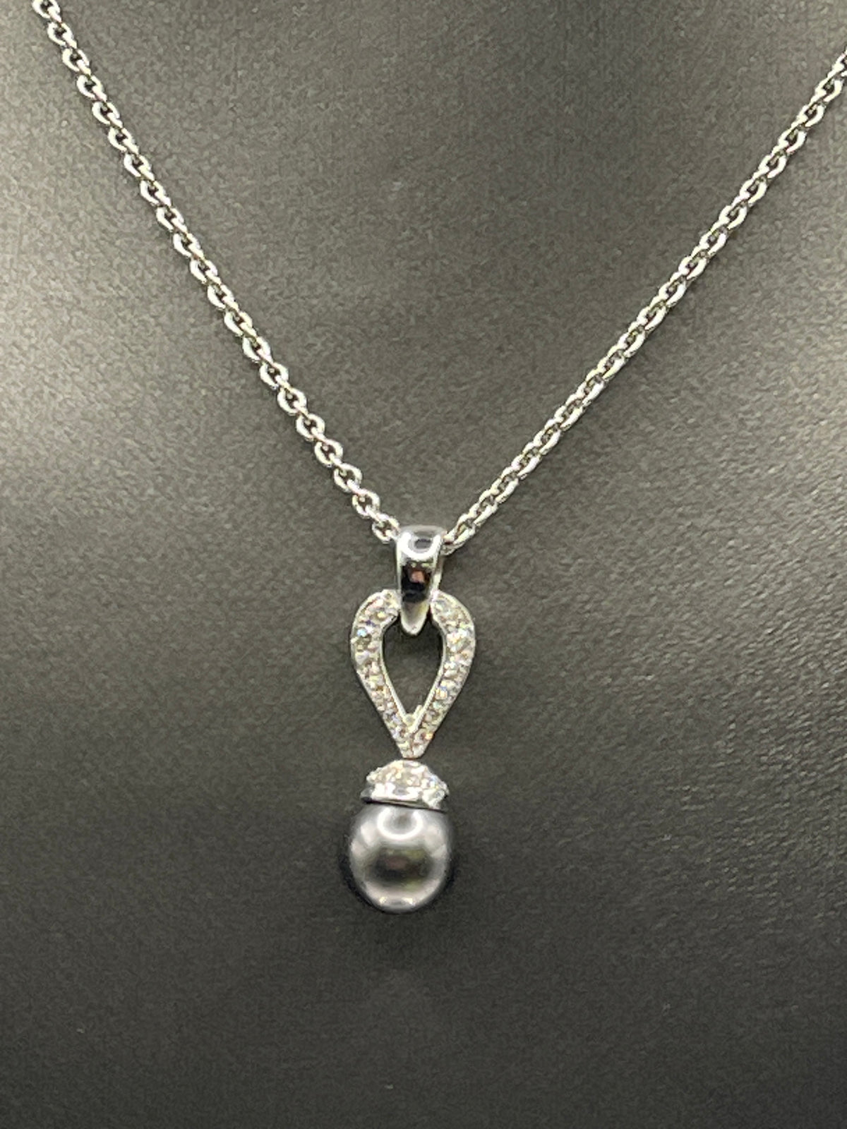 Ladies 18 Karat Solid White Gold Black Pearl and Diamond Necklace