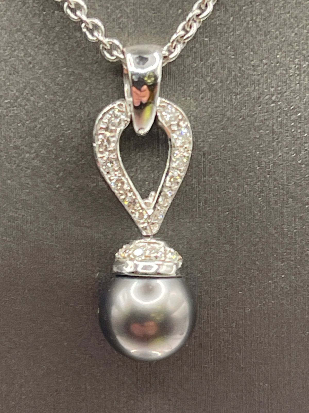 Ladies 18 Karat Solid White Gold Black Pearl and Diamond Necklace