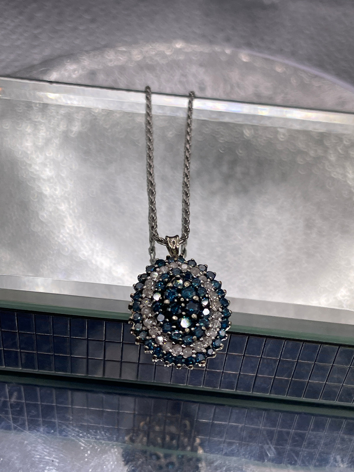 Ladies 14 Karat Solid White Gold Blue and White Diamond Pendant
