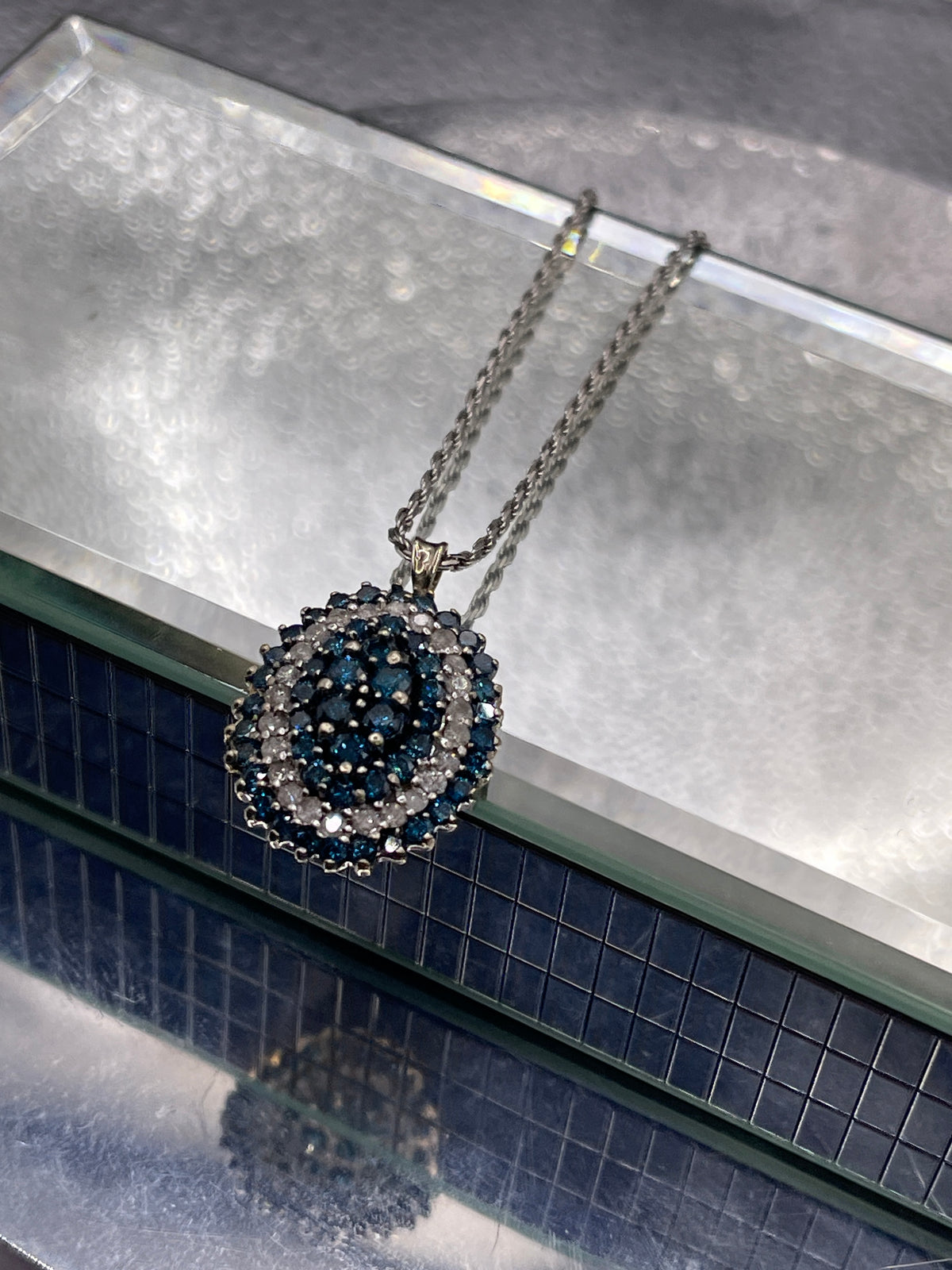 Ladies 14 Karat Solid White Gold Blue and White Diamond Pendant