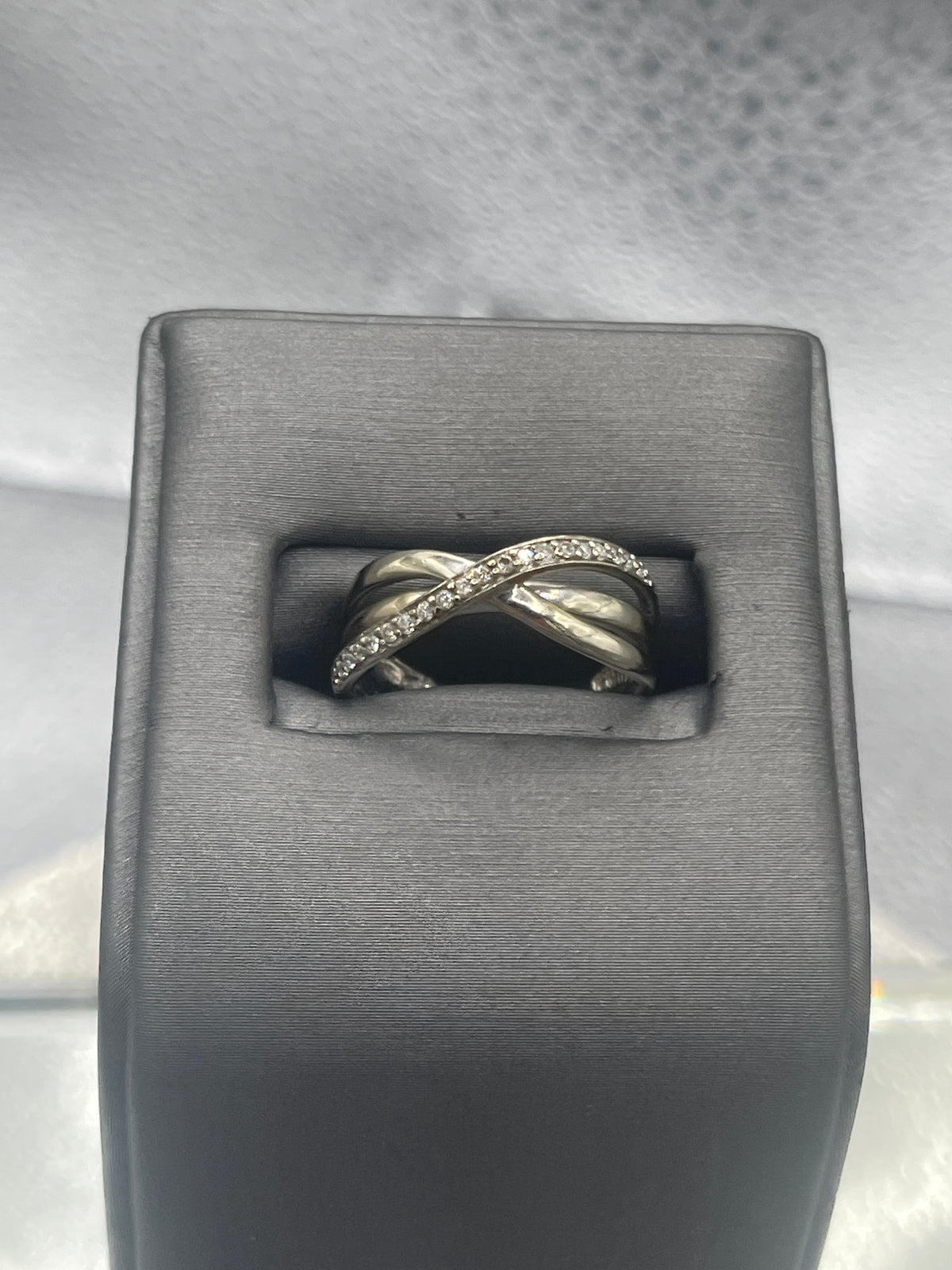 Ladies 10 Karat Solid White Gold Criss Cross Design Diamond Ring