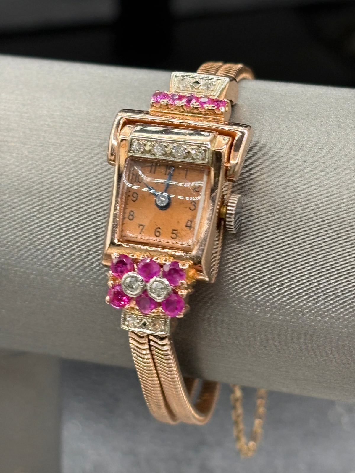 Vintage Art Deco Kewa 14kt Rose Gold Diamond and Ruby watch bracelet