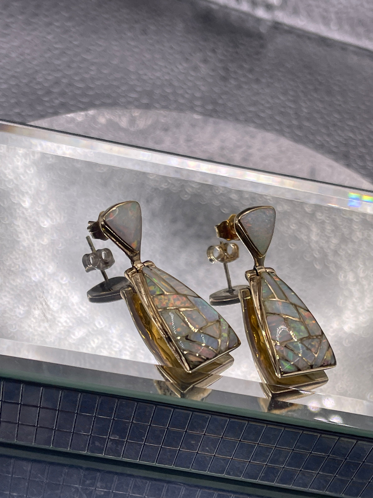 Ladies 14 Karat Solid Yellow Gold Opal Dangling Earrings