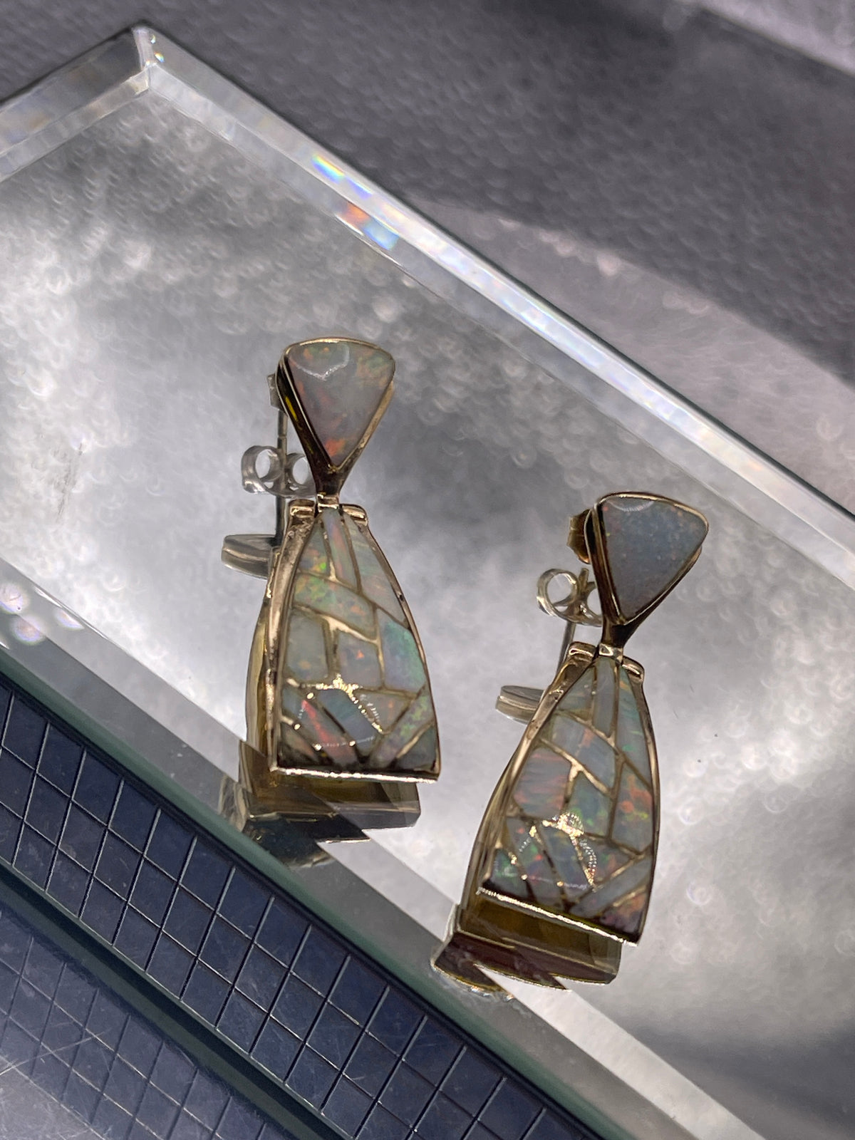 Ladies 14 Karat Solid Yellow Gold Opal Dangling Earrings