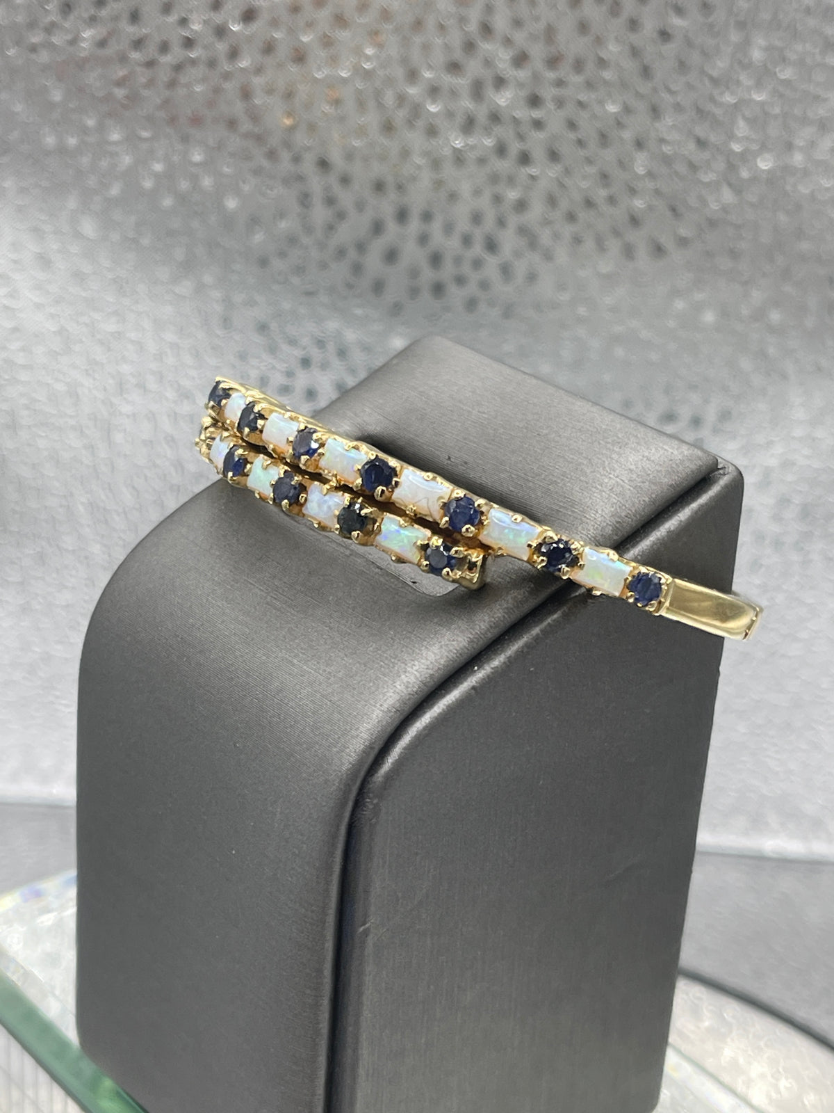 A Fabulous Vintage Ladies 14 Karat Yellow Gold Opal & Sapphire Bangle Bracelet