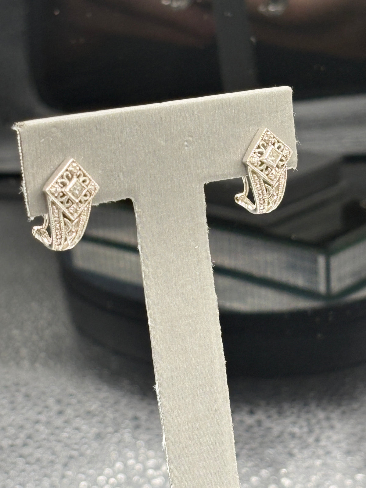 14kt Ladies white gold diamond filigree earrings with wire snapbacks