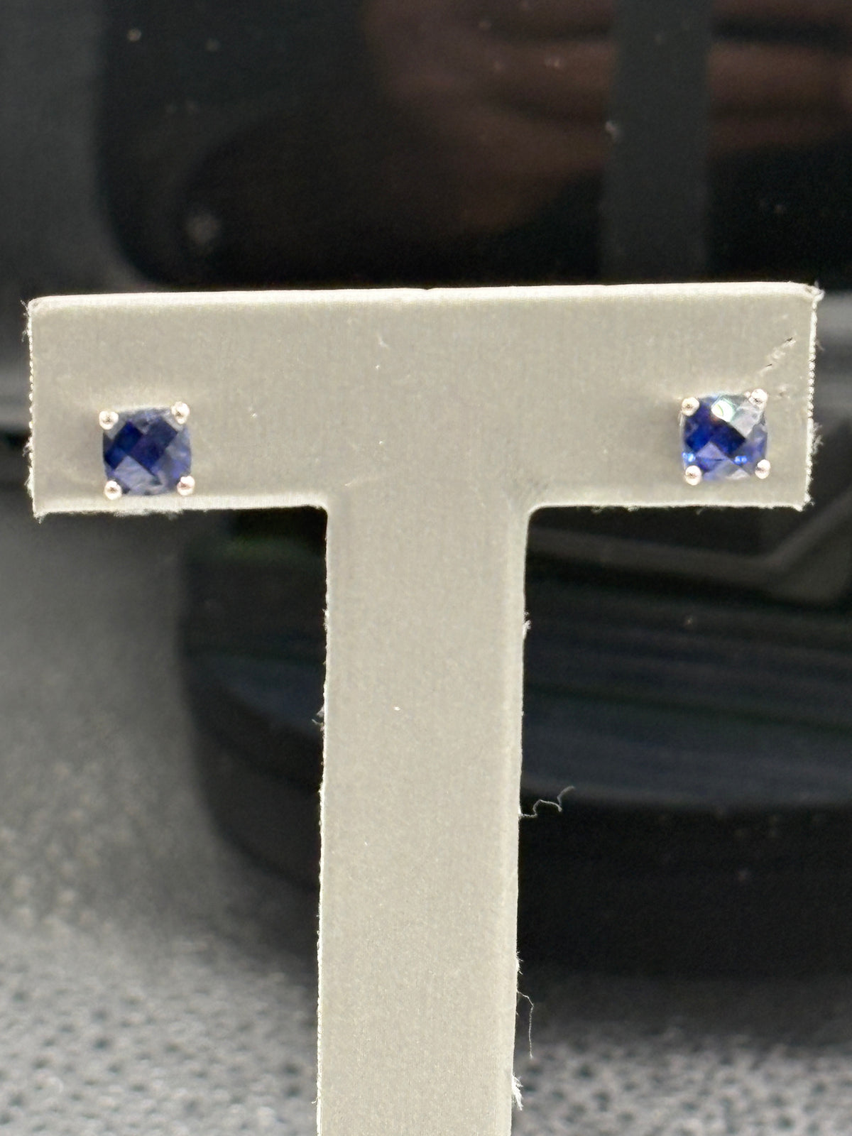 10kt solid white gold cushion cut sapphire with checkerboard design diamond stud earrings