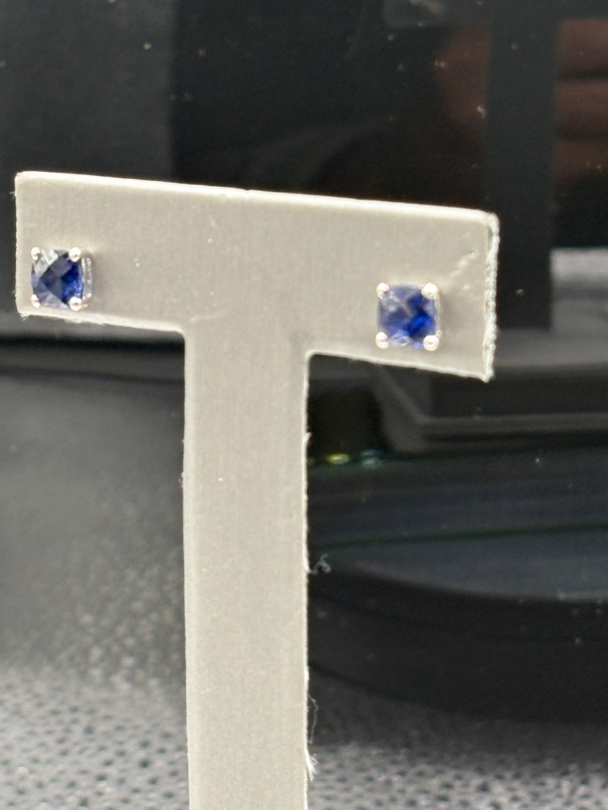 10kt solid white gold cushion cut sapphire with checkerboard design diamond stud earrings