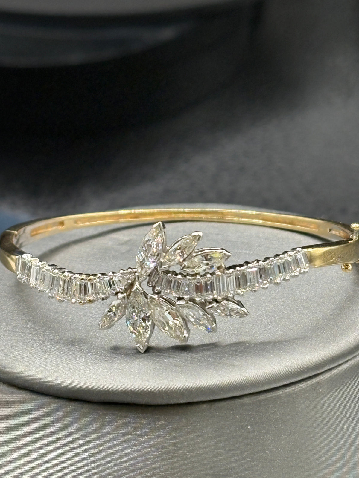 14kt yellow gold vintage diamond cuff bracelet with diamonds set in platinum