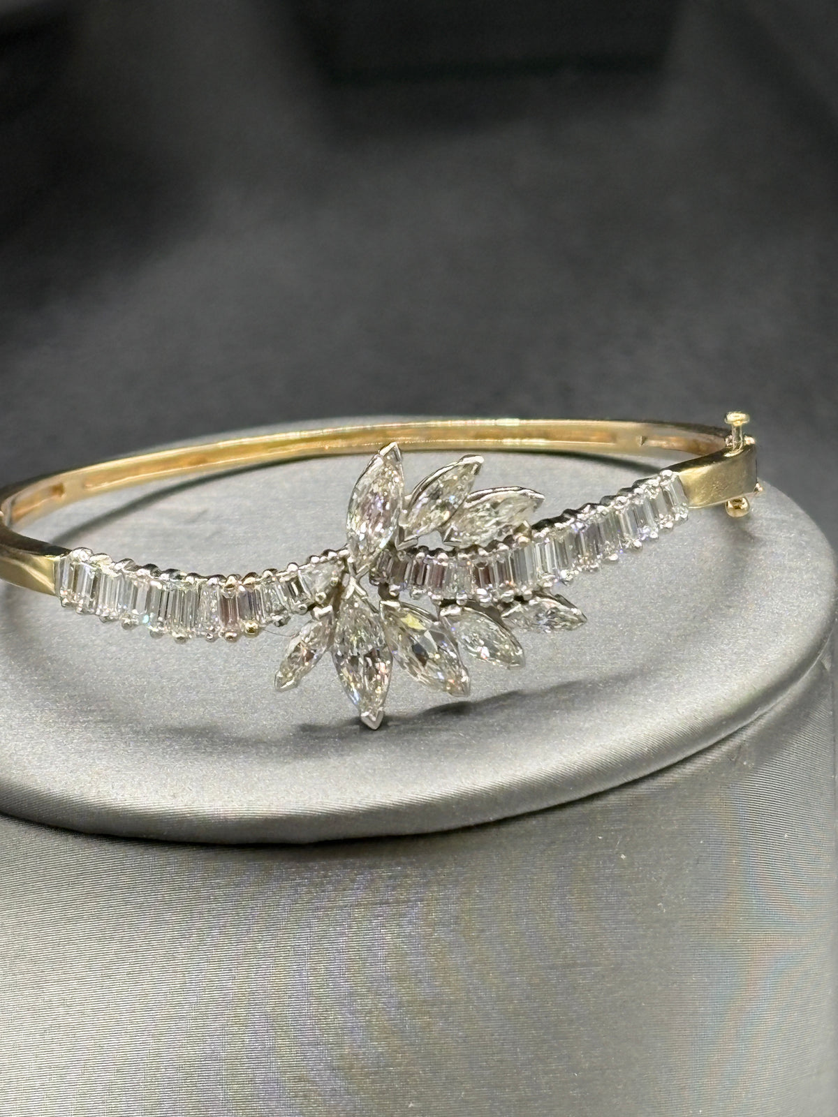 14kt yellow gold vintage diamond cuff bracelet with diamonds set in platinum