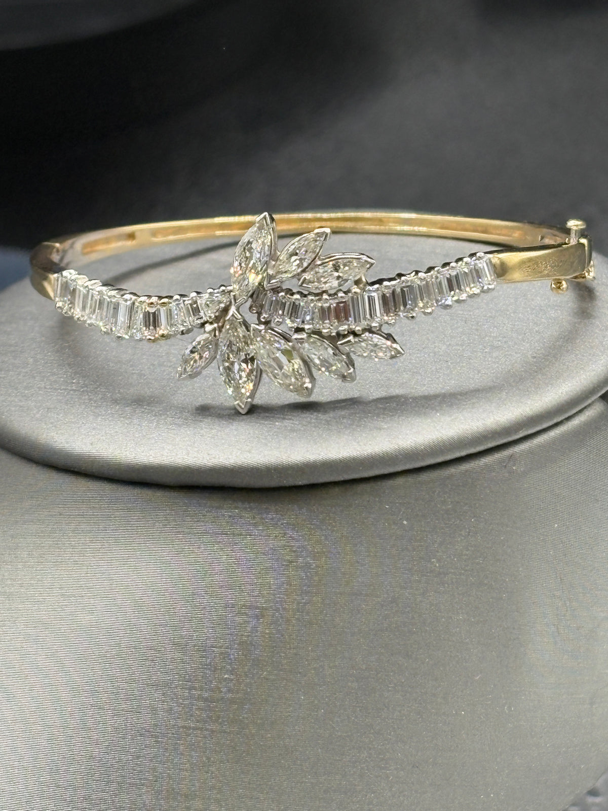 14kt yellow gold vintage diamond cuff bracelet with diamonds set in platinum