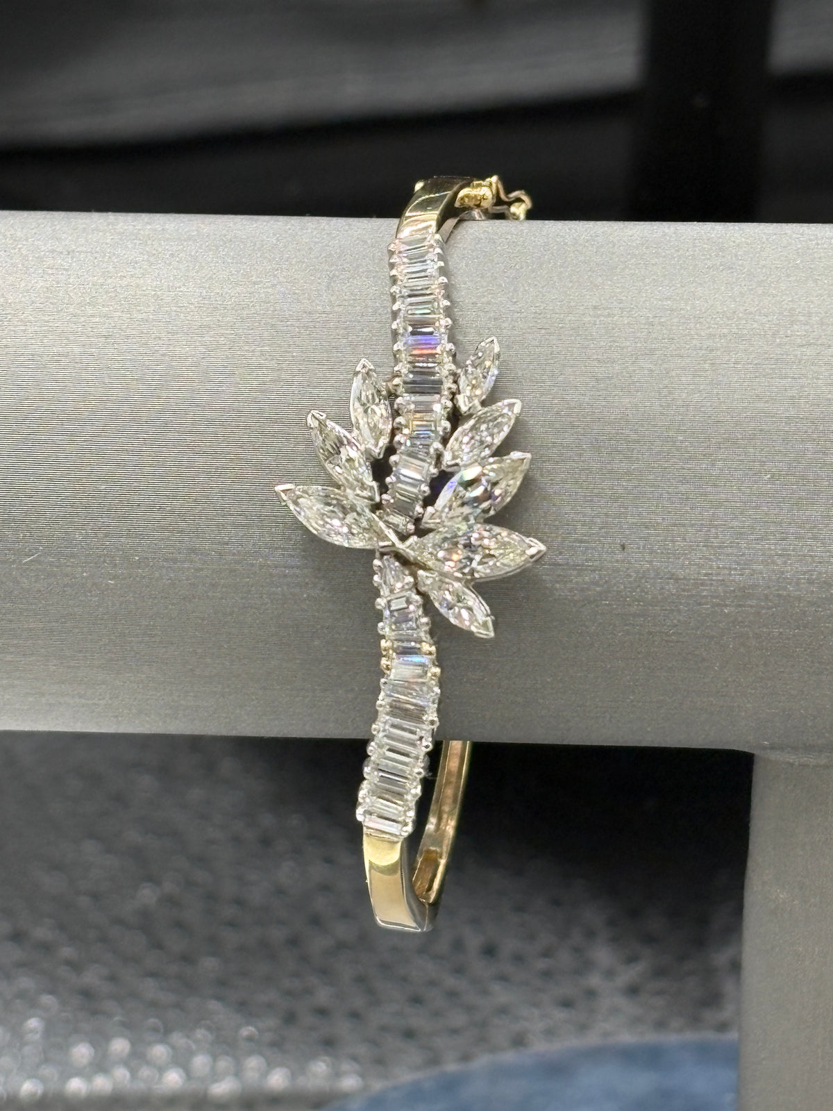 14kt yellow gold vintage diamond cuff bracelet with diamonds set in platinum