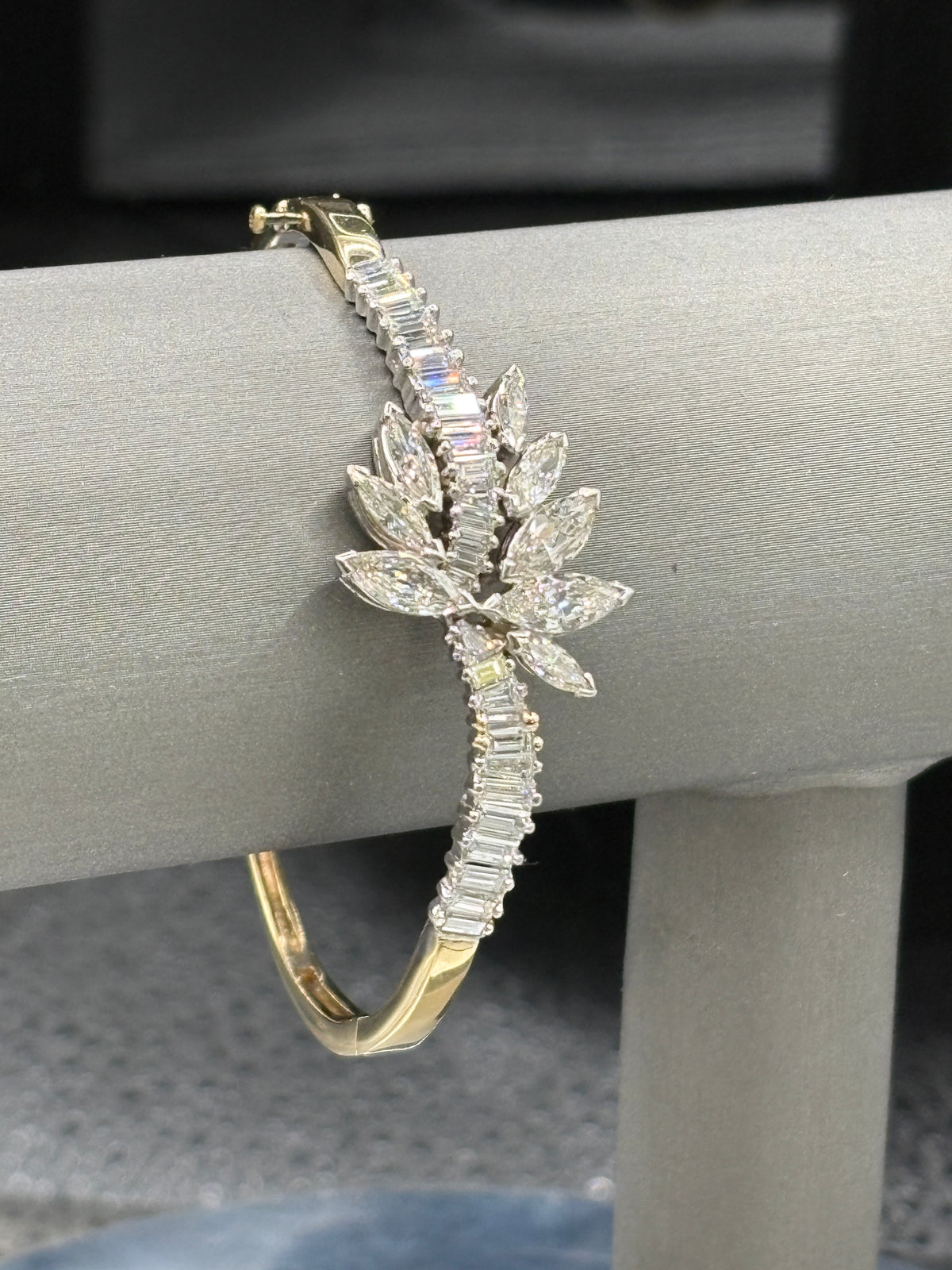 14kt yellow gold vintage diamond cuff bracelet with diamonds set in platinum