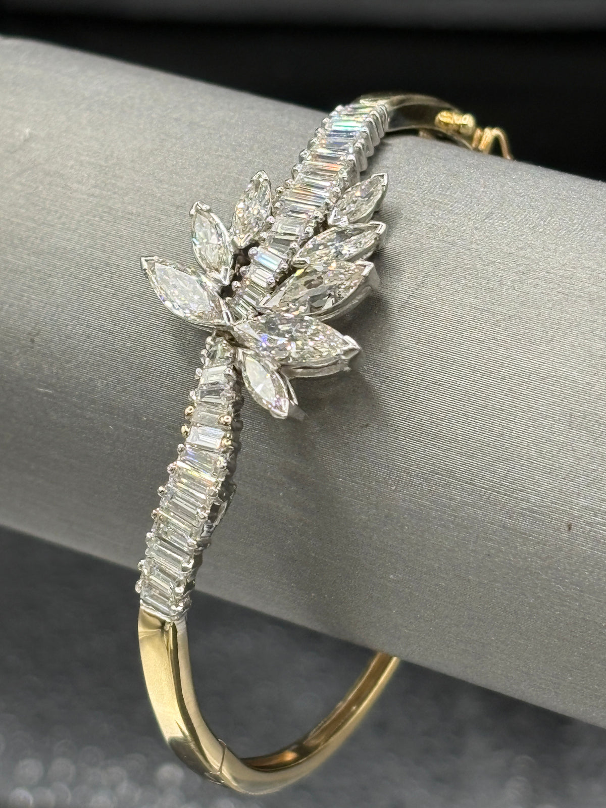 14kt yellow gold vintage diamond cuff bracelet with diamonds set in platinum