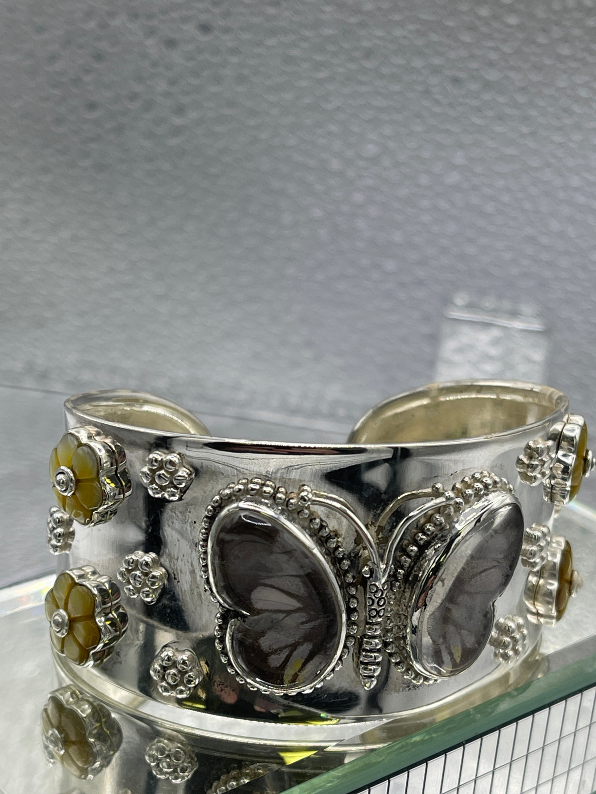 Ladies Fabulous Butterfly & Floral Sterling Silver Cuff Bangle Bracelet