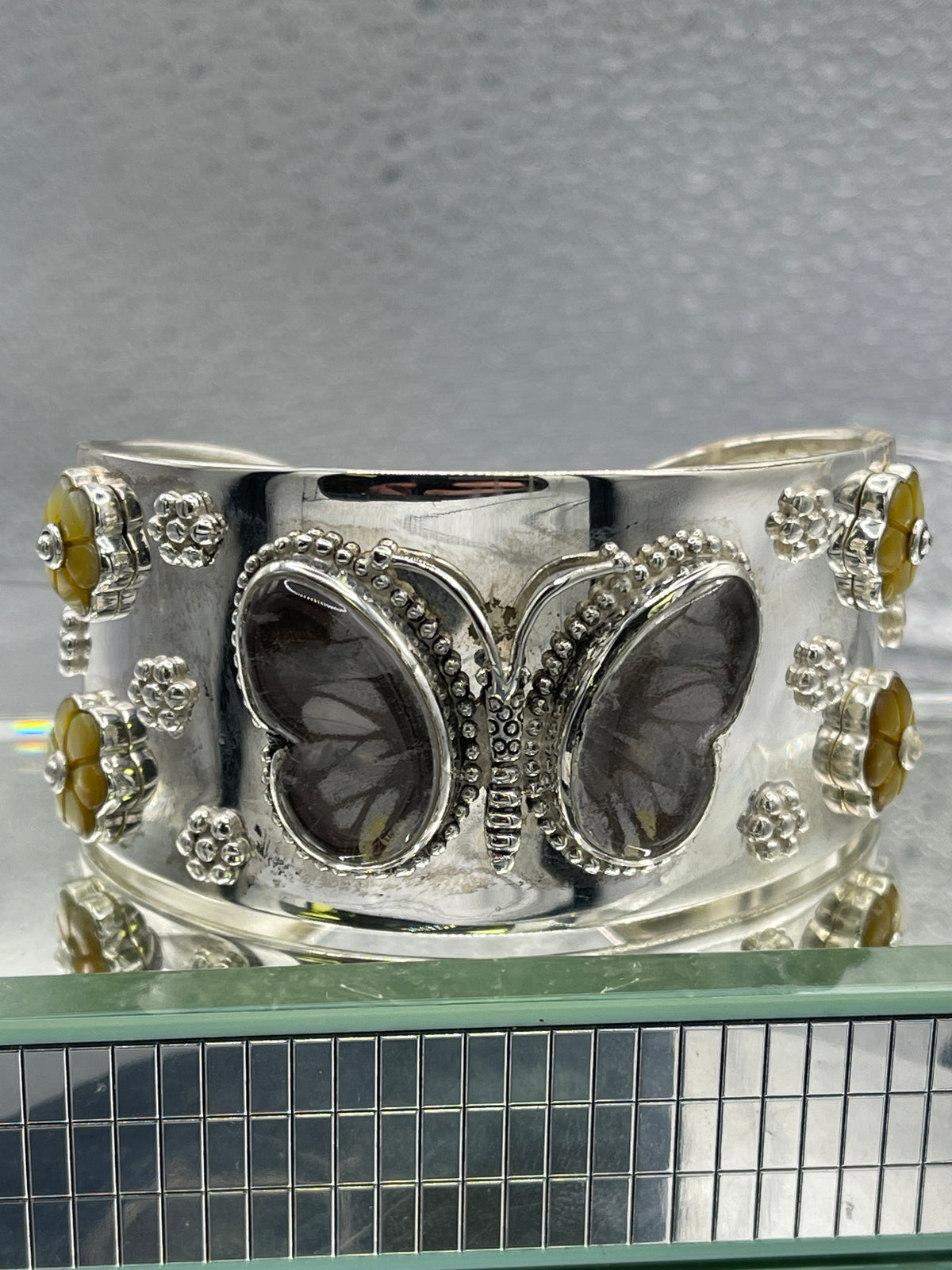 Ladies Fabulous Butterfly & Floral Sterling Silver Cuff Bangle Bracelet
