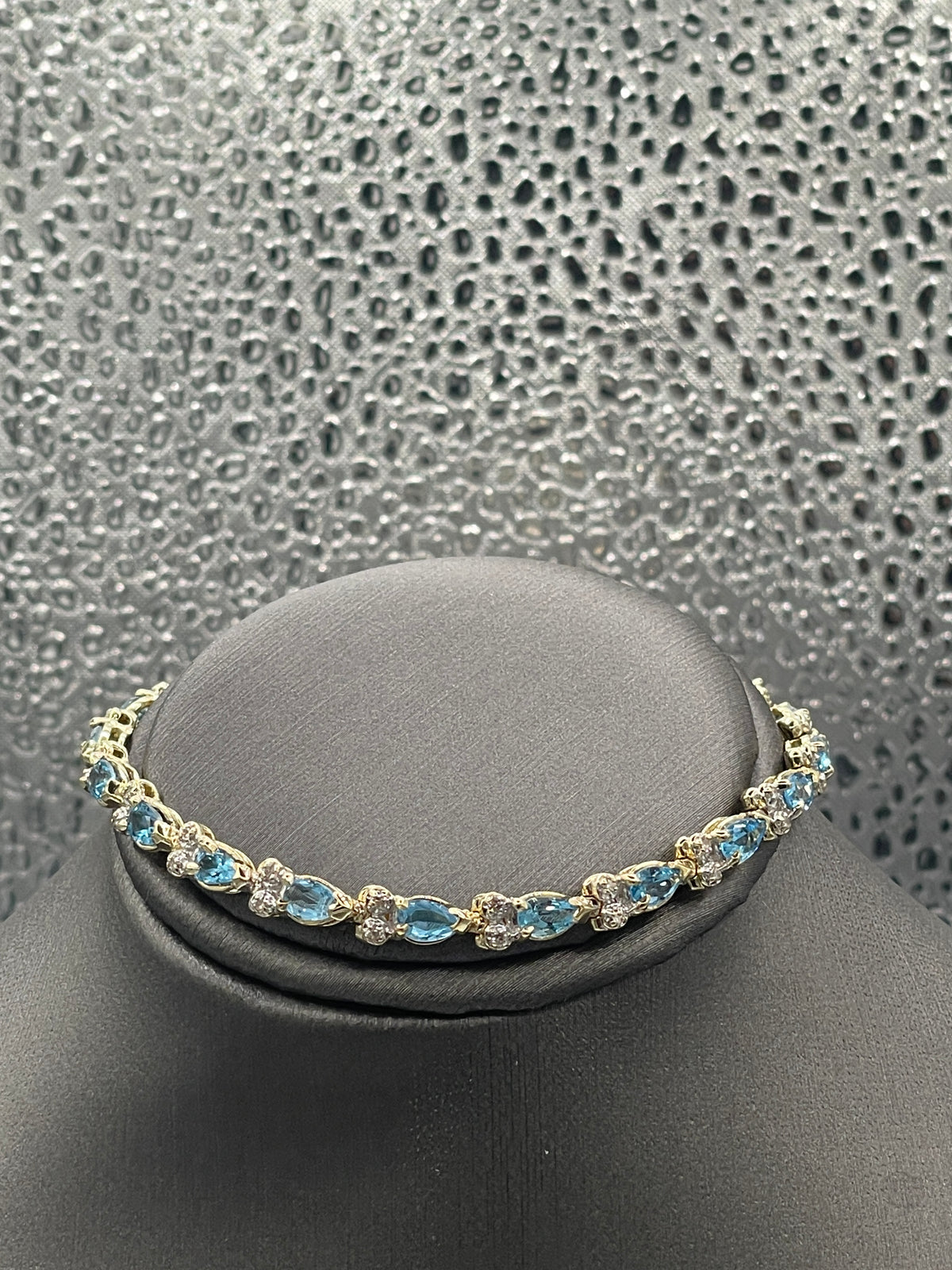 Ladies 14 Karat Yellow Gold Pear Blue Topaz & Diamond Bracelet