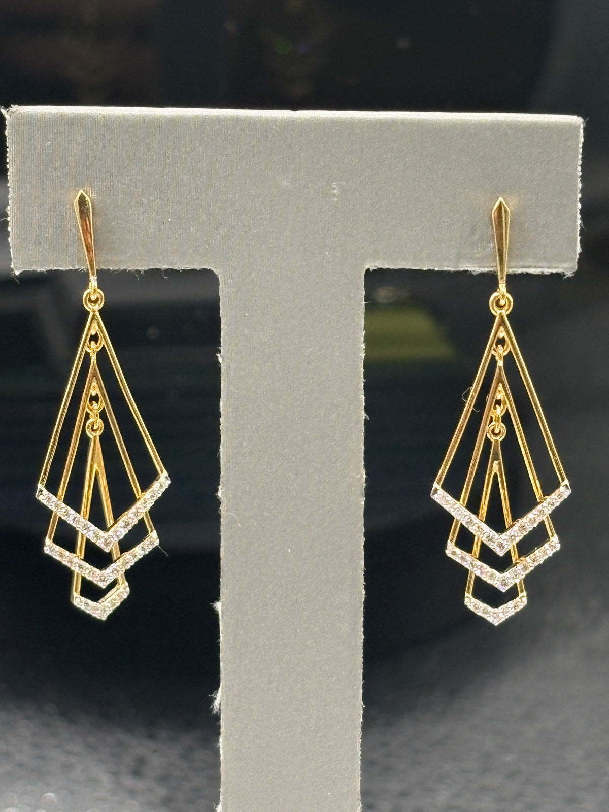 18kt Yellow gold ladies diamond dangling earrings with a geometric, kinetic shape with diamond accents