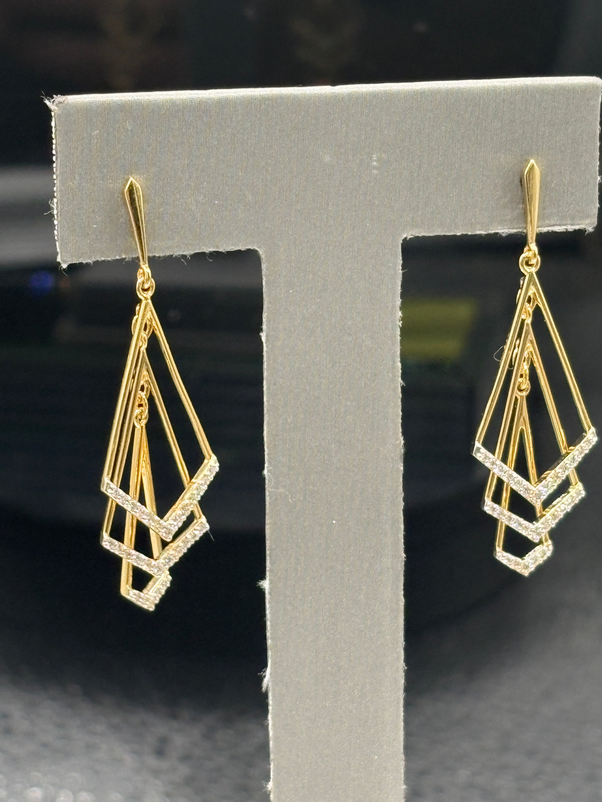 18kt Yellow gold ladies diamond dangling earrings with a geometric, kinetic shape with diamond accents