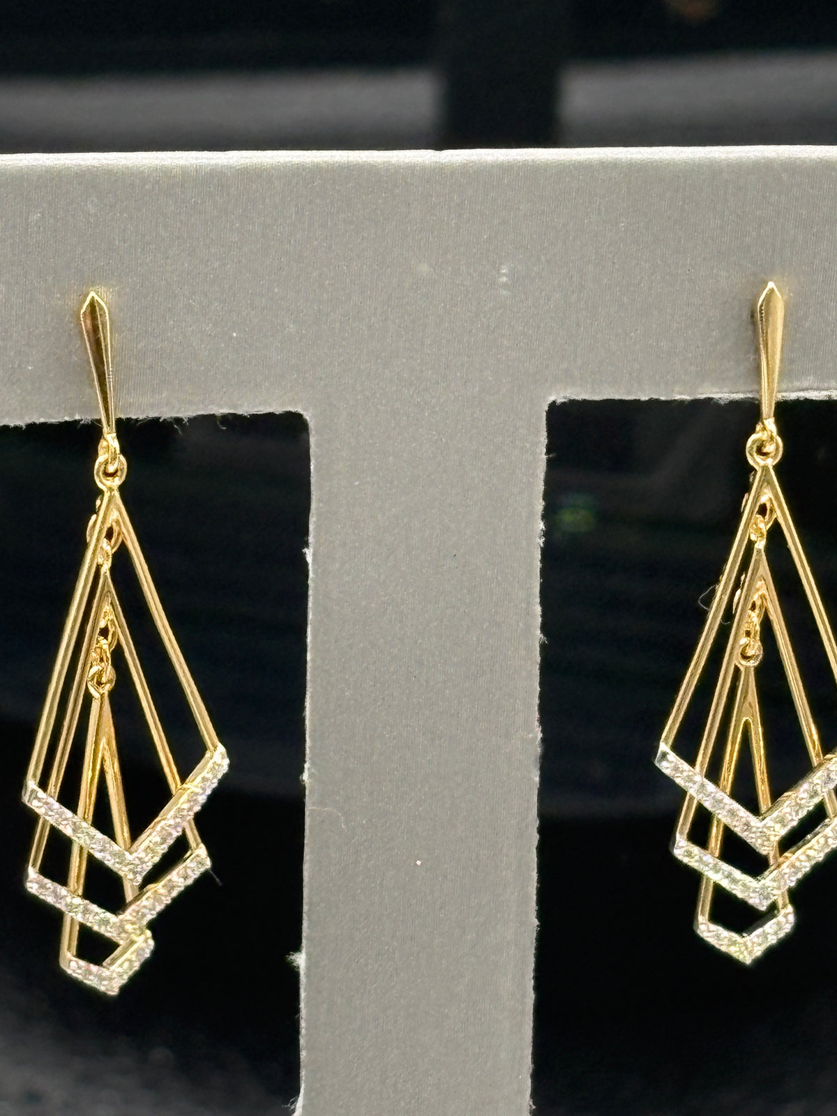 18kt Yellow gold ladies diamond dangling earrings with a geometric, kinetic shape with diamond accents