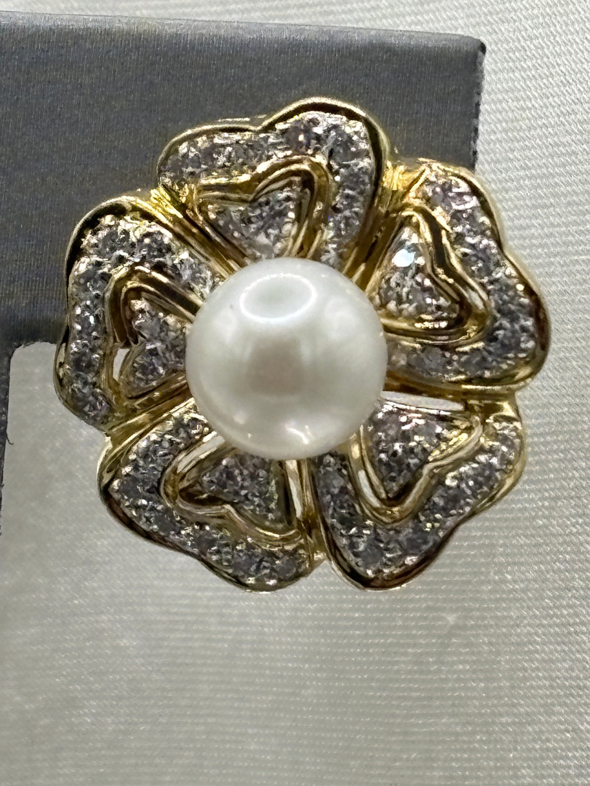 18 Karat Yellow Gold Ladies Diamond & Pearl Floral Earrings with filagree petals