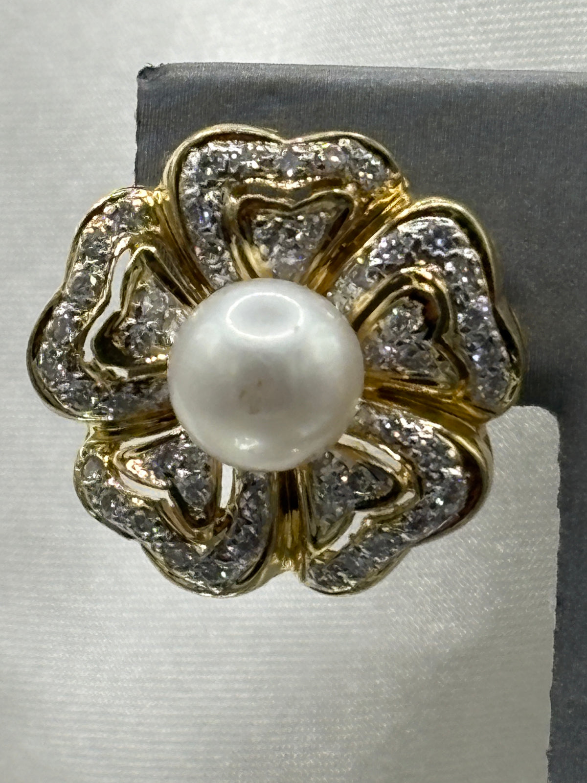 18 Karat Yellow Gold Ladies Diamond & Pearl Floral Earrings with filagree petals