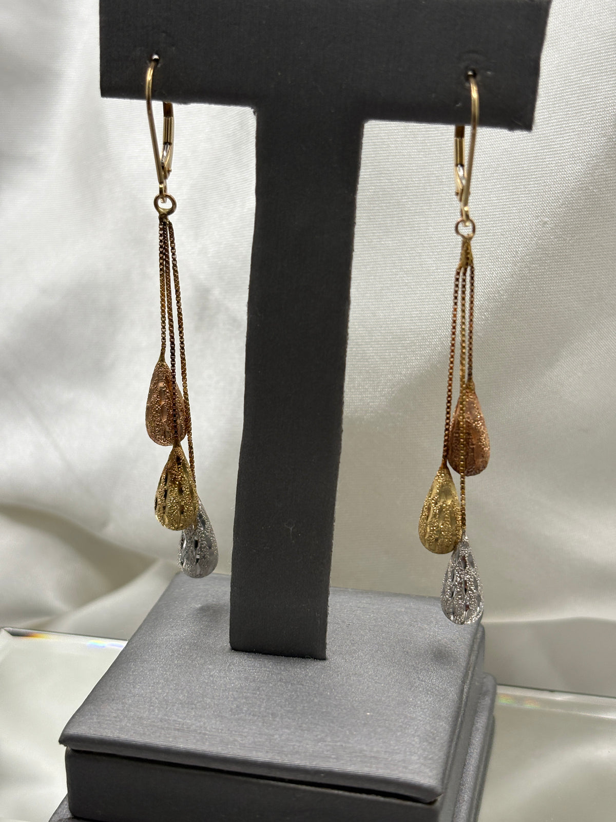 14kt Tri-color gold dangling teardrop earrings