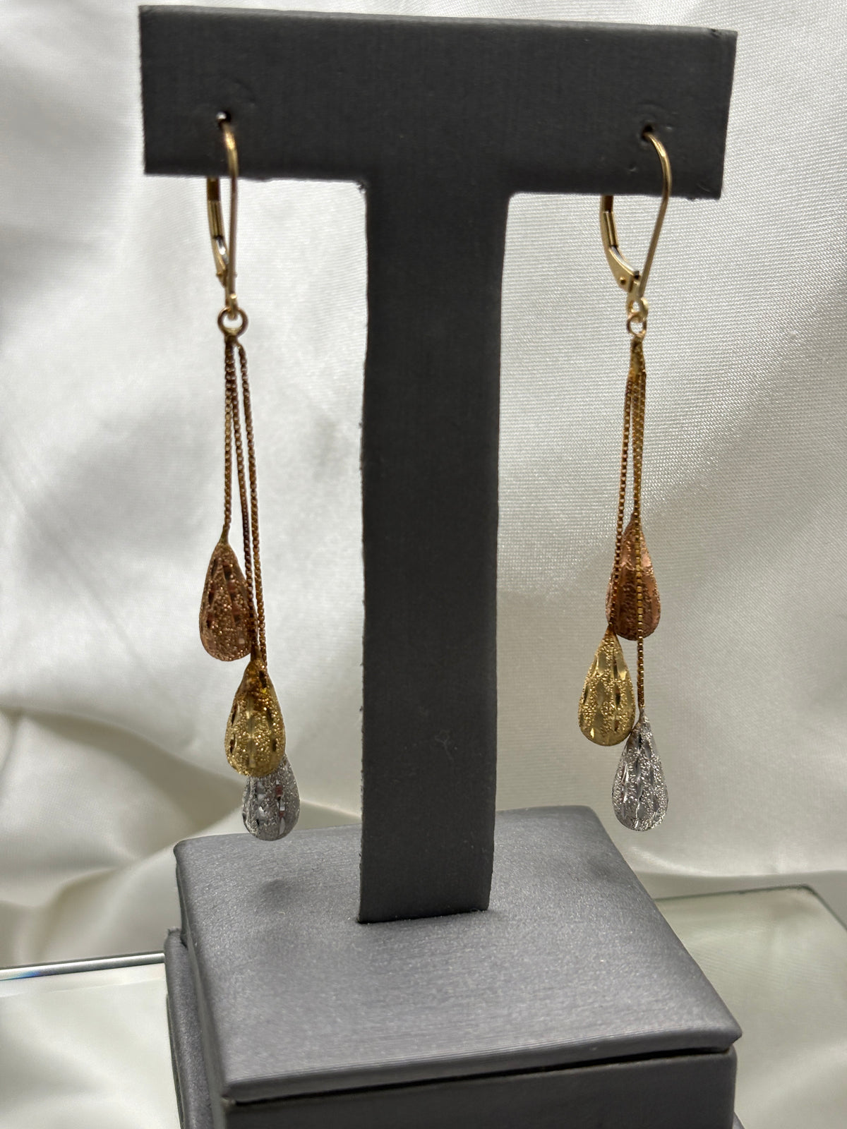 14kt Tri-color gold dangling teardrop earrings