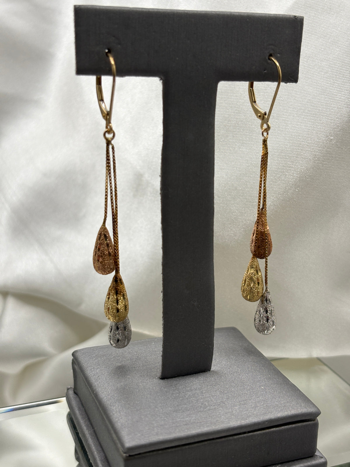 14kt Tri-color gold dangling teardrop earrings