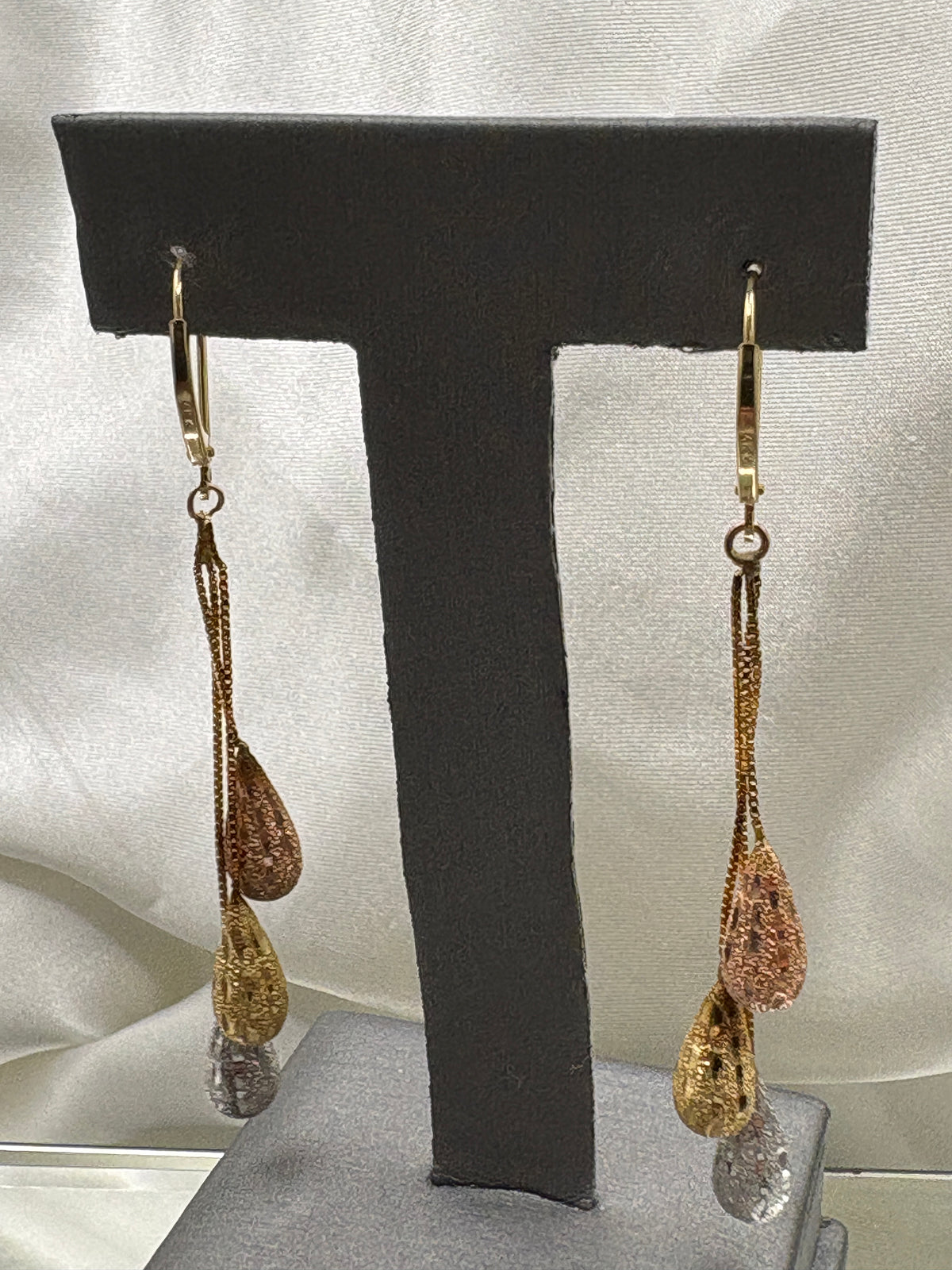 14kt Tri-color gold dangling teardrop earrings