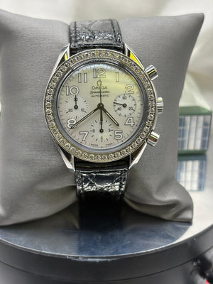 Omega Speedmaster Reduced Ladies Chronograph watch with diamond bezel and mother-of-pearl dial