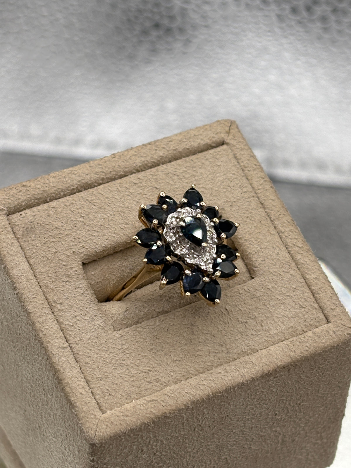Ladies 14 Karat Yellow Gold Pear Sapphire & Diamond Cocktail Ring