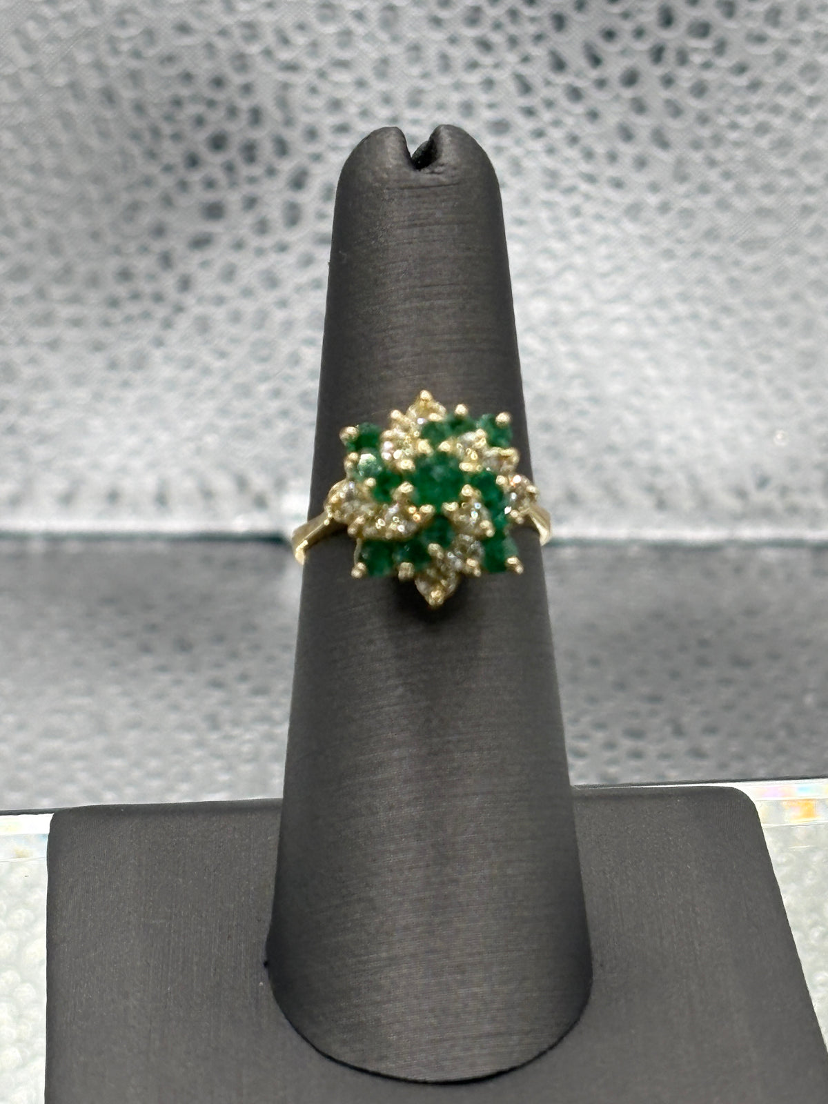 Ladies 18 Karat Yellow Gold Emerald & Diamond Cluster Ring