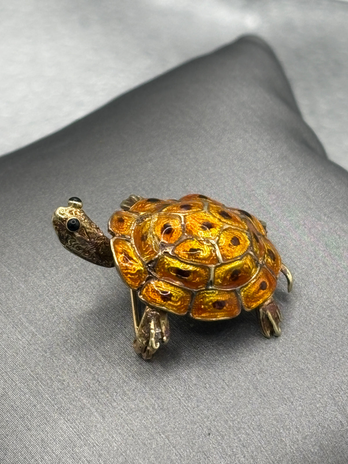 A Fabulous Vintage 14 Karat Yellow Gold Colored Enamel Tortoise Pin