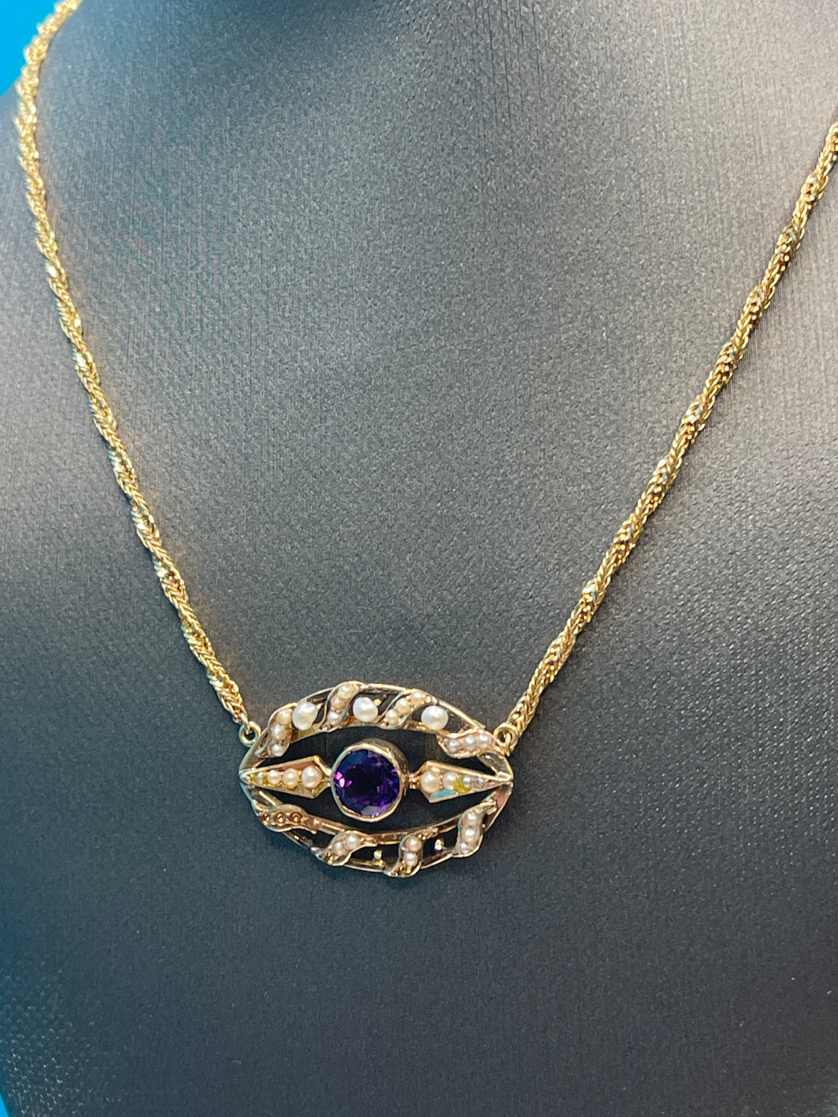 14 Karat Yellow Gold Antique Amethyst & Pearl Necklace
