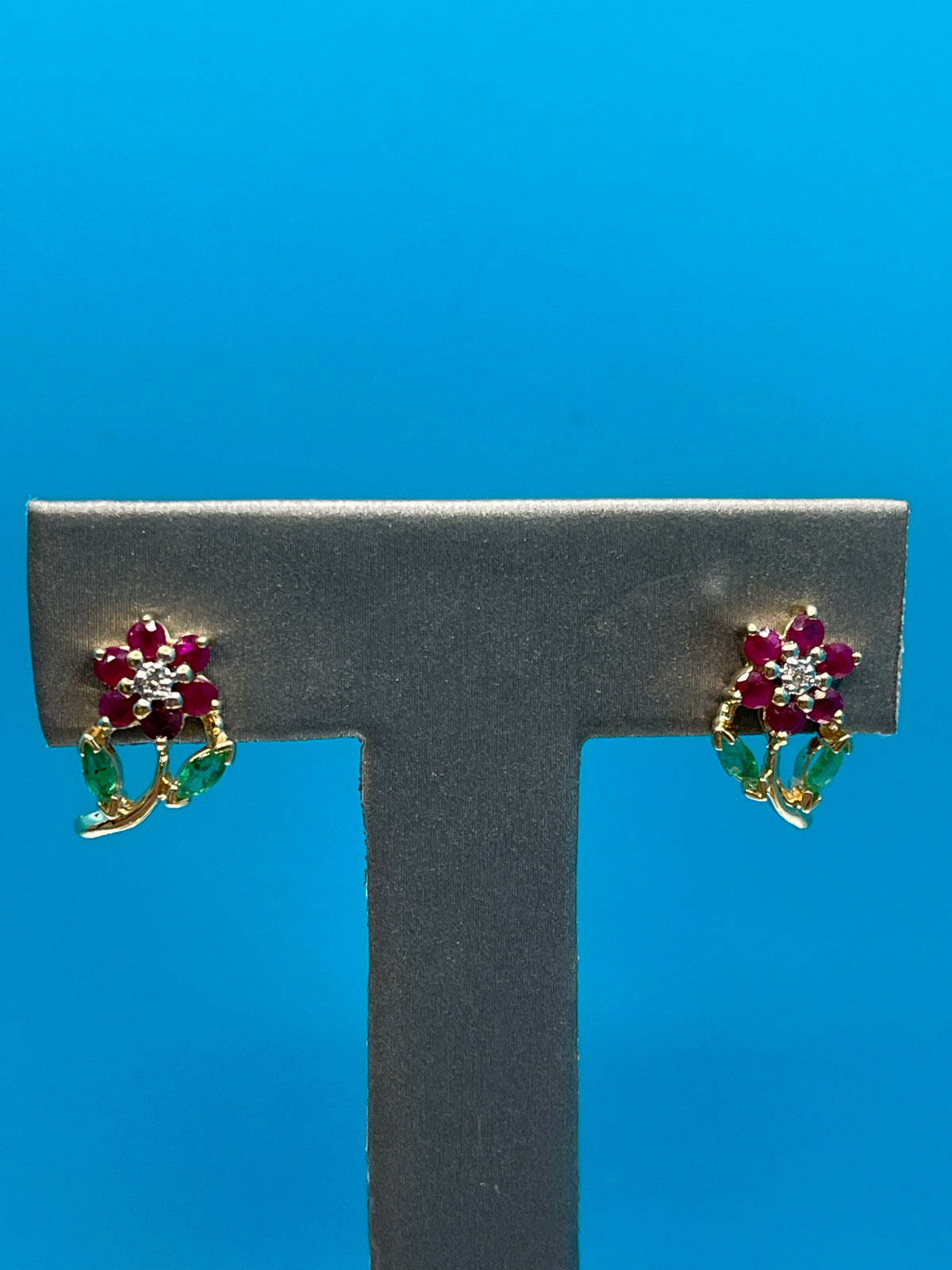 Ladies 14 Karat Gold Ruby Diamond & Emerald Floral Earrings