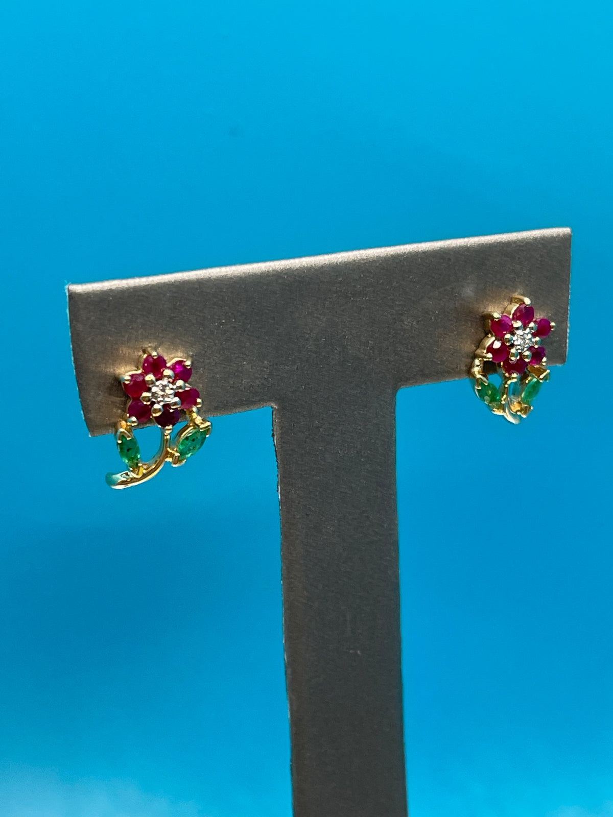 Ladies 14 Karat Gold Ruby Diamond & Emerald Floral Earrings