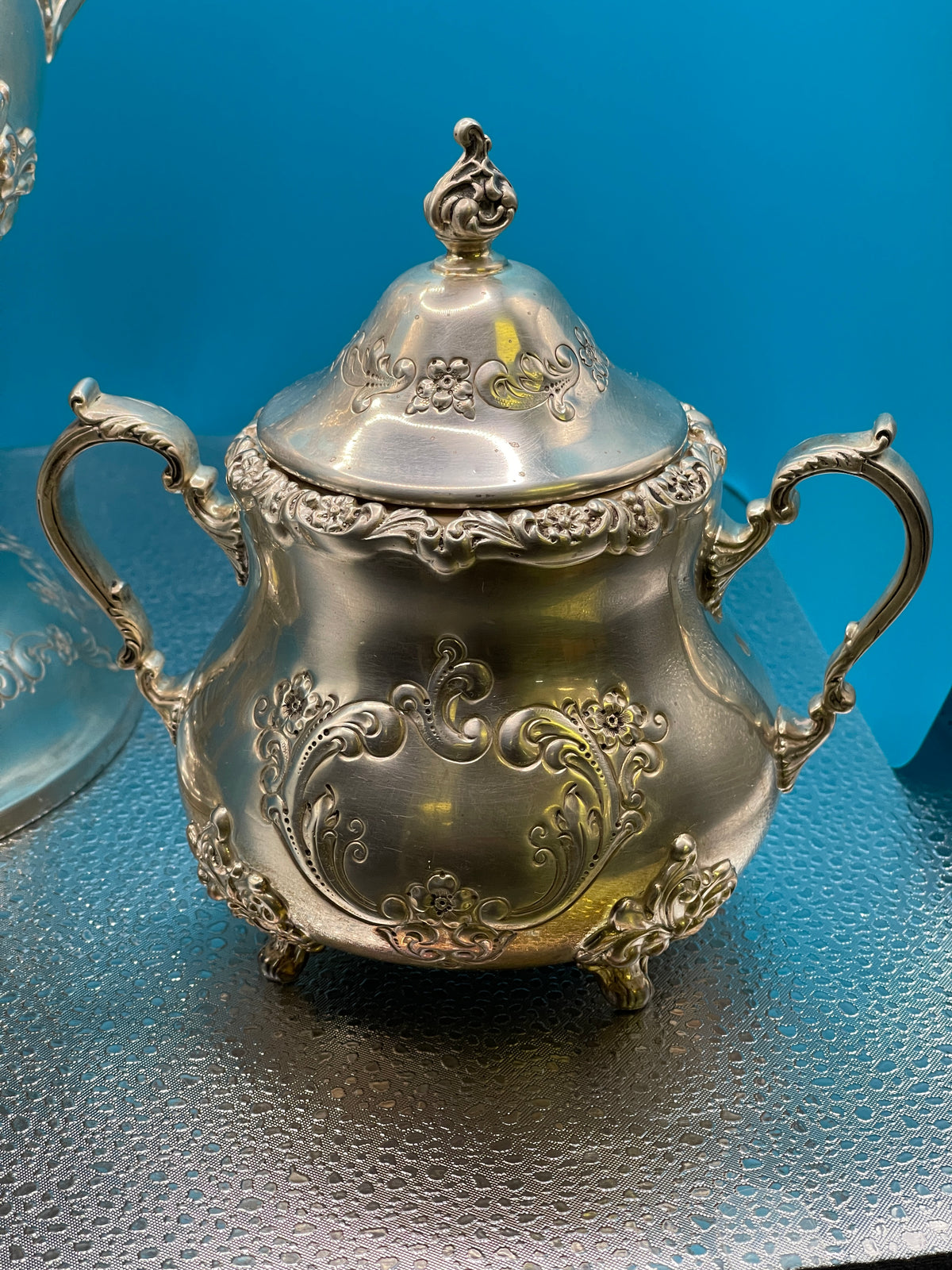 View two of Poole Sterling Silver Tilting Teapot Sterling Base Mount & Sugar Bowl