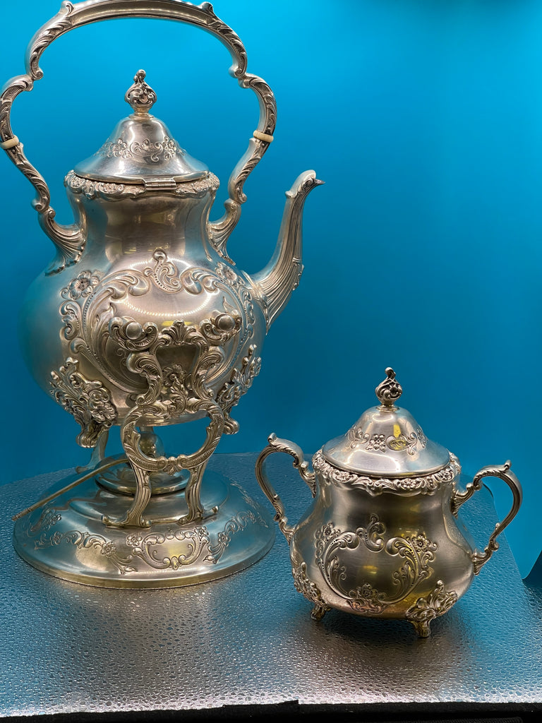 View six of Poole Sterling Silver Tilting Teapot Sterling Base Mount & Sugar Bowl