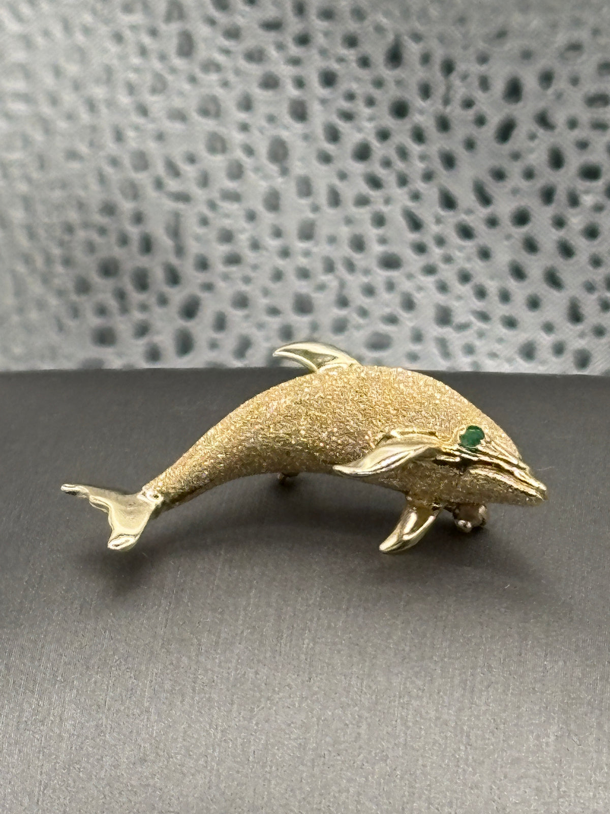 Vintage 14 Karat Yellow Gold Dolphin Pin With Emerald Eye