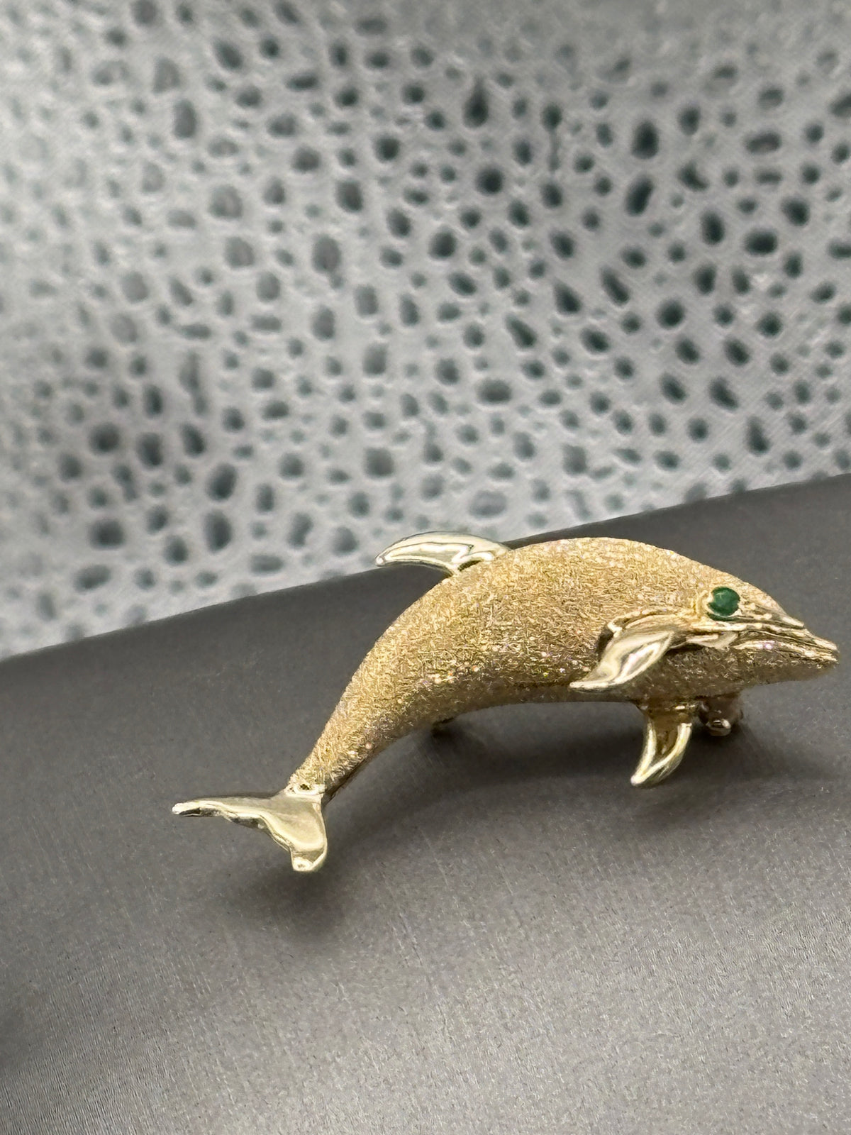 Vintage 14 Karat Yellow Gold Dolphin Pin With Emerald Eye
