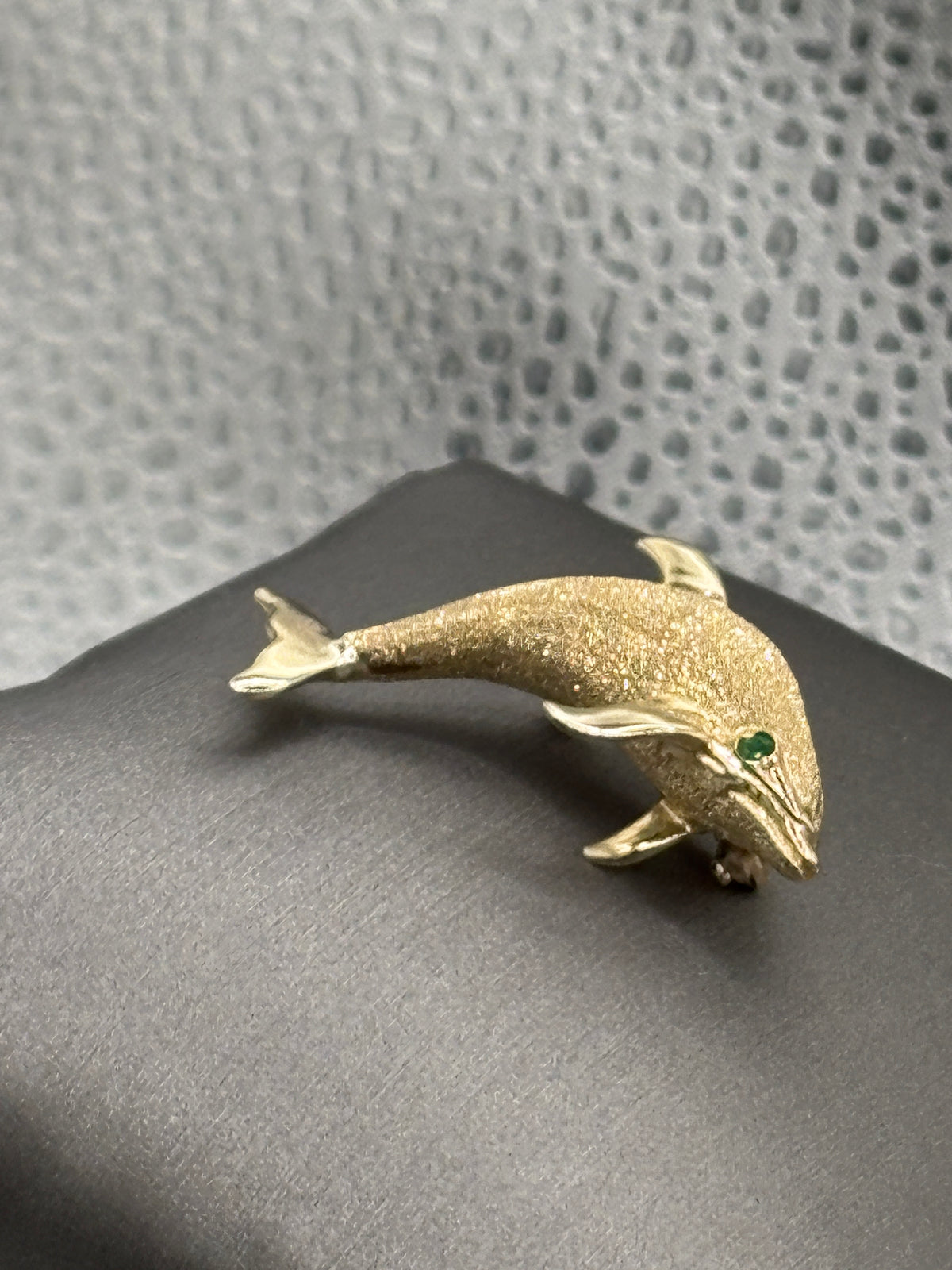 Vintage 14 Karat Yellow Gold Dolphin Pin With Emerald Eye