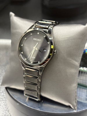 Seiko Mens SNE243 Solar all black dress 12 diamond black dial watch